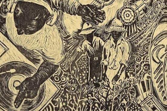 Black and white drawing with African American figures