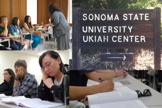 Pictures of students in classrooms with sign with text 'Sonoma State University Ukiah Center'